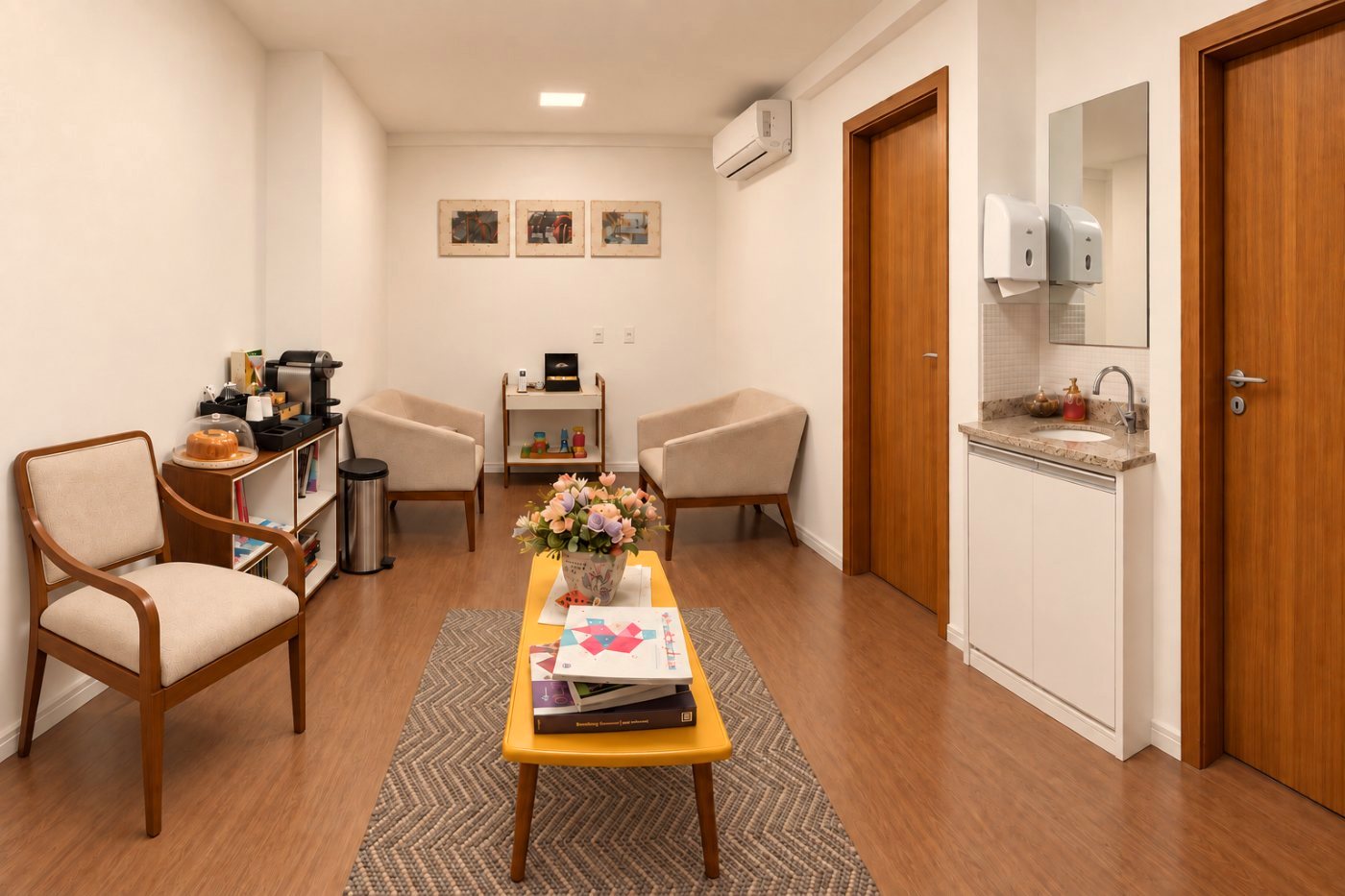 Sala de espera com poltronas claras, mesa amarela com flores e revistas, estante com café e lavabo ao lado