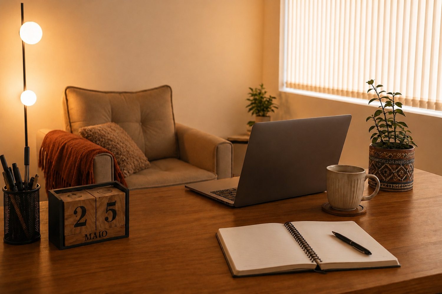 Mesa de atendimento online: notebook aberto, caderno, caneca e poltrona ao fundo, com luz baixa